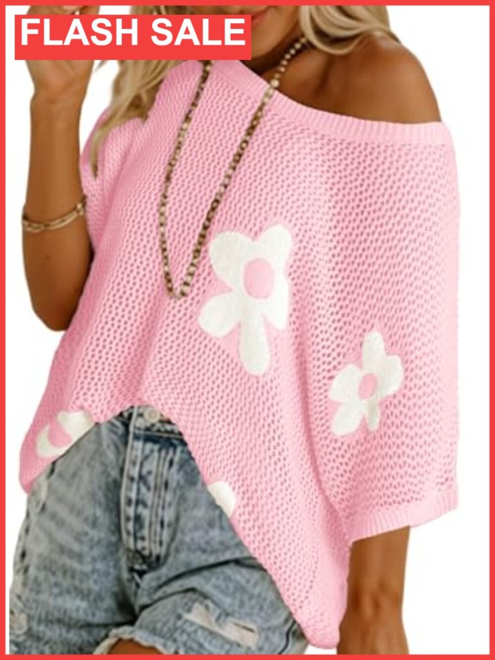 Crochet Floral Short Sleeve Knit Pullover Sweater Swimsuit Coverup